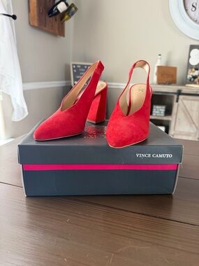 Vince Camuto Red Suede Slingback Block Heels